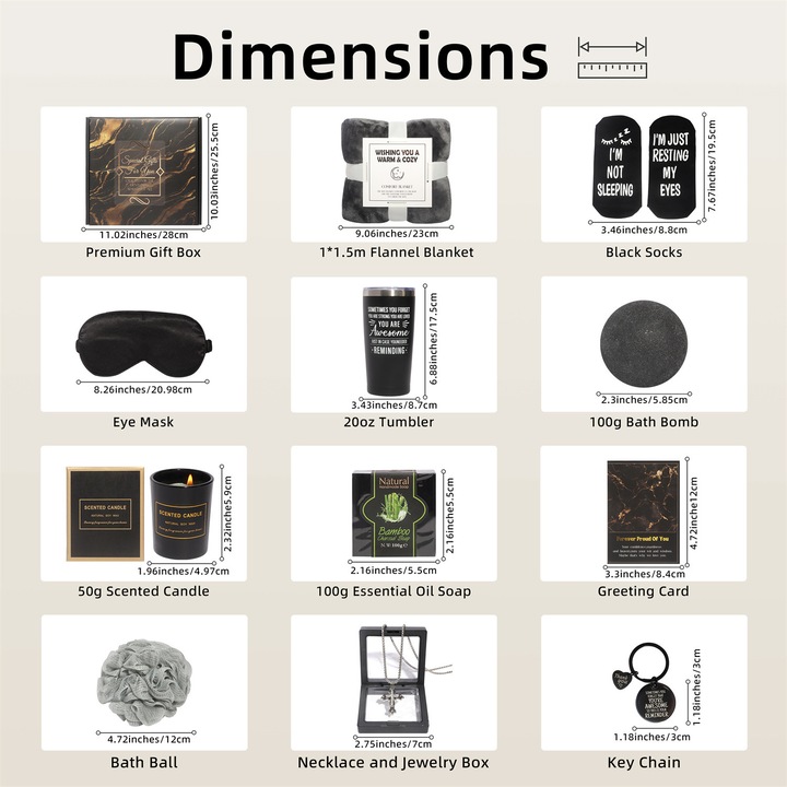 Set cadou pentru barbati, 12 Produse premium, Patura pufoasa, Cana termos din inox, Lumanare parfumata, Masca de somn, Sosete haioase, Burete baie, Felicitare, Ambalate in cutie pachet eleganta, Ideal pentru el, domni, tata, sot, negru