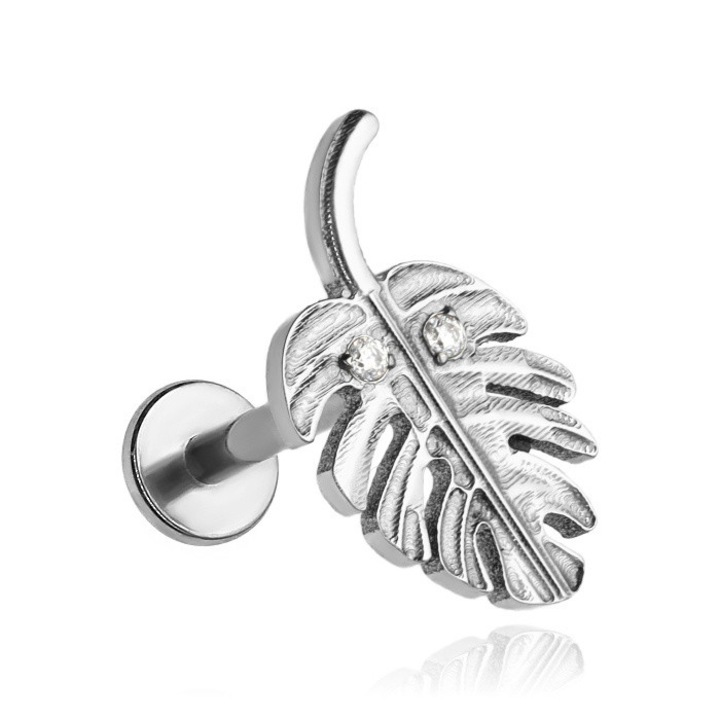 Piercing din titan, Crazy Needles, argintiu, 1,2x7cm, design frunza
