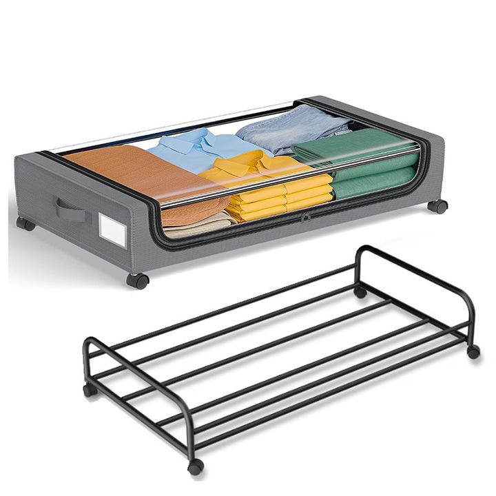 Cutie depozitare sub pat，Depozitare sub pat cu roti si capac, cu geam transparent, depozitare rulanta sub pat, capacitate mare, economie de spatiu, usor de scos, potrivit pentru haine de dormitor, pantofi, jucarii, carti, gri (80x43x16cm)