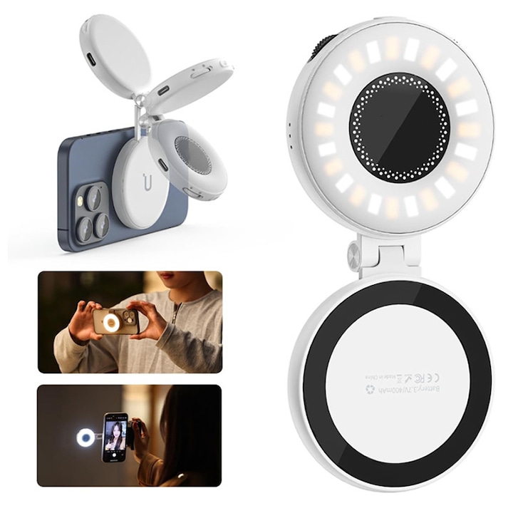 Lumina magnetica portabila pentru selfie, lumina de umplere cu LED compatibila cu Magsafe, inel de lumina cu LED pentru selfie include inel adeziv pentru telefon pentru selfie/fotografie/apel/conferinta video, alb （A002）