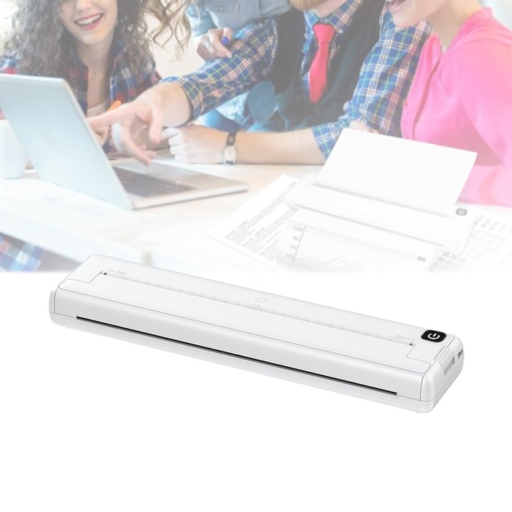 Принтер А4 OUYLAF, Преносим Термичен Bluetooth, USB, батерия 2000 mAh, 200DPI, Безжичен, Без мастило, със 100 листа хартия, Съвместим с iOS/Android/Windows/MAC/Linux, Бял