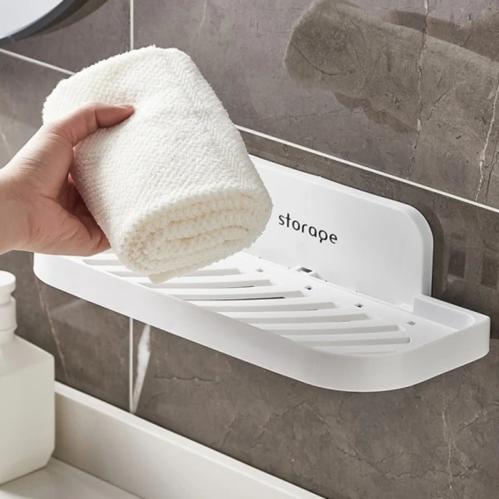 Suport pliabil pentru baie, autoadeziv, dimensiuni 36 x 15.3 cm, se monteaza rapid, din plastic solid, alb