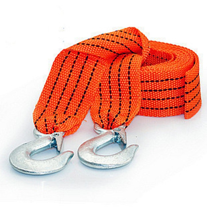 Curea de remorcare rezistenta, cu carlige metalice de siguranta, poliester impletit, galben, 4t