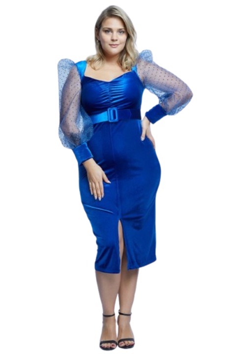 Rochie eleganta, midi din catifea albastra si maneci de tull, Marimea: 46