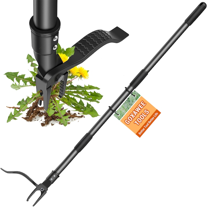 Dispozitiv indepartat buruieni, Goxawee, G5303, Design durabil cu 4 gheare, Cu maner reglabil de 46 inchi, Tunde iarba fara efort - nicio aplecare, tragere sau ingenunchere, Negru