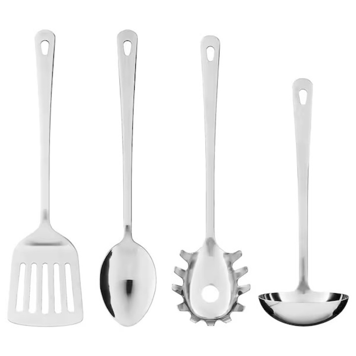 Set 4 Ustensile de Bucatarie din Inox, Lingura, Polonic, Spatula si Lingura pentru Paste