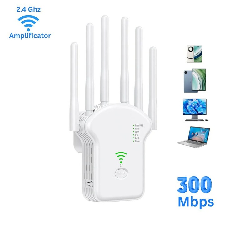 Amplificator WiFi 300Mbps 3 in 1, cu 6 Antene externe, Dual Band 2.4GHz si Acoperire extinsa pentru conectivitate stabila