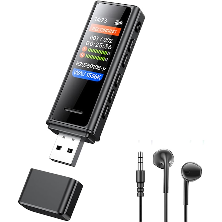 Стерео цифров диктофон с гласово активиране, Rqiurpn, 32GB, гласово управление, голям екран, преносим, шумопотискане