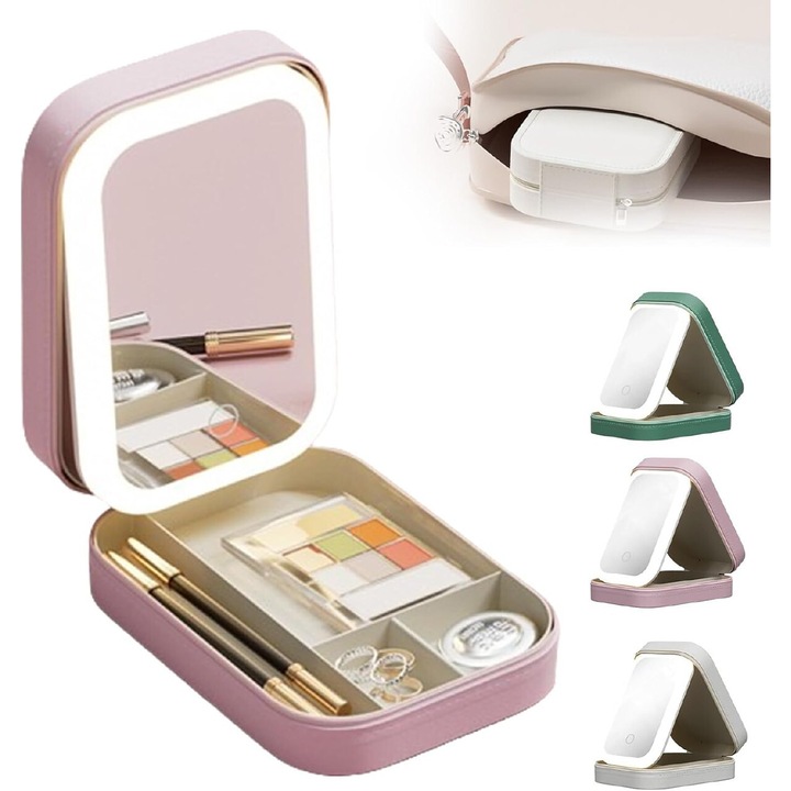 Hordozható LED sminktükör, kompakt kialakítás, 3 világítási mód, rózsaszín, 16,5x11,5x6cm