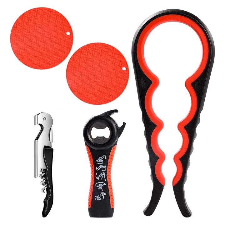 Универсален отварач за капачки, ZGGZERG, Многофункционален комплект отварачки, Комплект от 5, Устойчив на корозия, Износоустойчив и издръжлив, Преносим, Може да се окачва, PP+TPE+Неръждаема стомана, Различни размери, Червен