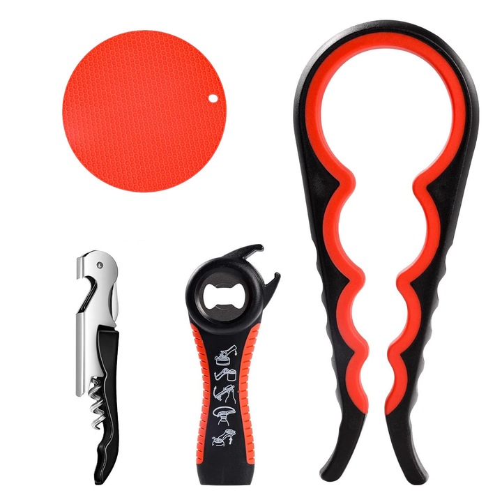 Универсален отварач за капачки, ZGGZERG, Многофункционален комплект отварачки, Комплект от 4, Устойчив на корозия, Износоустойчив и издръжлив, Преносим, Може да се окачва, PP+TPE+Неръждаема стомана, Различни размери, Червен