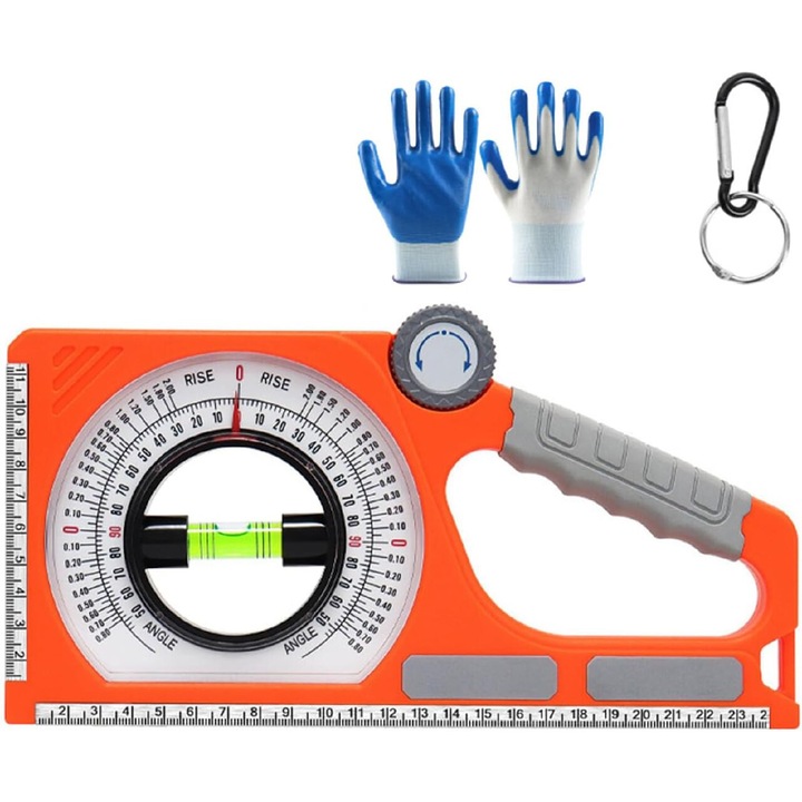 Уред за измерване на наклона на покрива, ротационен уред за измерване на наклона с двойна скала и циферблат за палец, многофункционални инструменти, многофункционален инклинометър, за строителни работи, 130° гониометър с карабинер