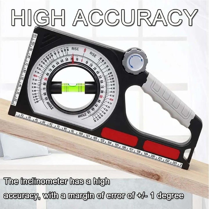Уред за измерване на наклона на покрива, ротационен уред за измерване на наклона с двойна скала и циферблат за палец, многофункционални инструменти, многофункционален инклинометър, за строителни работи, 130° гониометър с карабинер