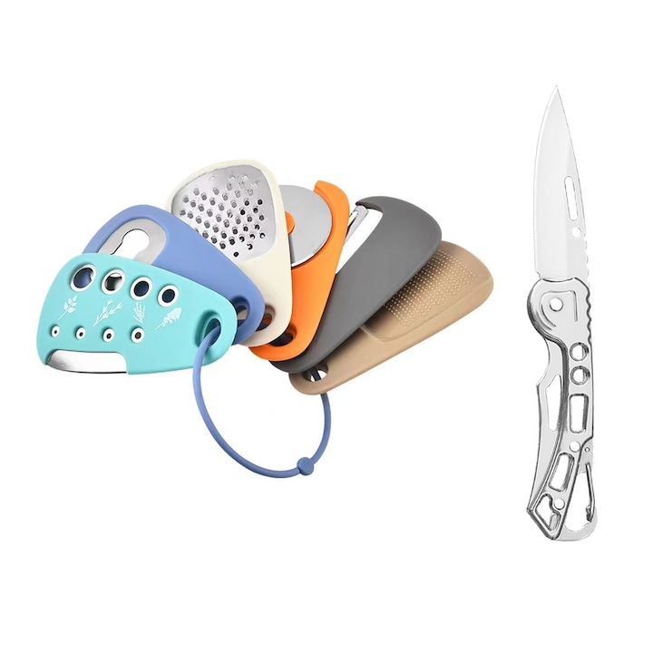 Set ustensile camping, 6 in 1, ZGGZERG, Set ustensile camping din inox, Rezistent la rugina, Pliabil, Versatil, Portabil, Usor de curatat, Compact, Pentru camping, calatorii, gatit, PP, Diverse dimensiuni, Multicolor