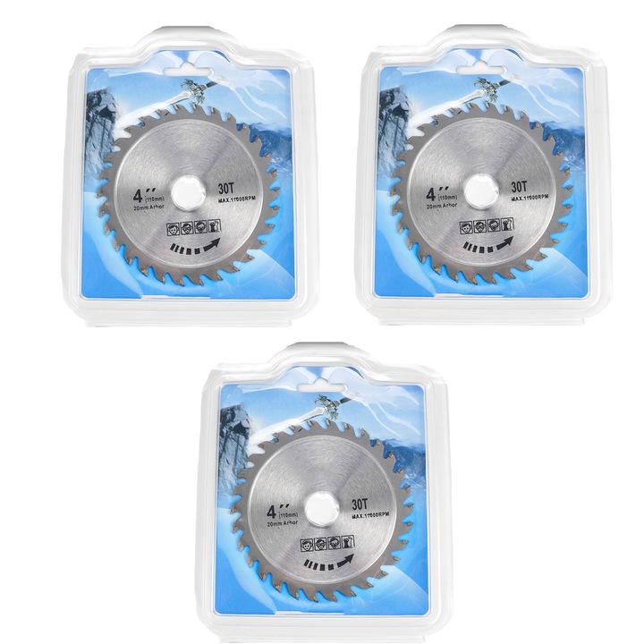 Set 3 Panza circulara, zggzerg, Accesorii fierastraie electrice, Lama, Diametrul 110 mm, Diametrul Interior 20 mm, Numar Dinti 30, Universala, Usor de utilizat, Durabil, Pentru taiat lemn, Material metal dur, Argint