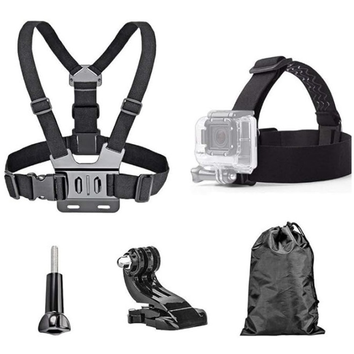 Комплект 5 аксесоара за GoPro, SINBINTA, Гръден колан за екшън камери, С каишка за глава, Щипка за закрепване, Шарнирен винт, Еластични каишки, Пластмаса/Найлон, 18 x 20 см, Черен