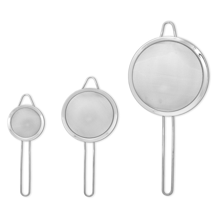 Set 3 Strecuratoare, ZGGZERG, Sita de bucatarie, Cu plasa fina, Maner ergonomic, Utilizarea convenabila, Rezistenta de lunga durata, Lavabil si reutilizabil, Pentru Strecurare Lapte Vegetal sau Sucuri de Fructe si Legume, Otel, 7-18cm, Argintiu