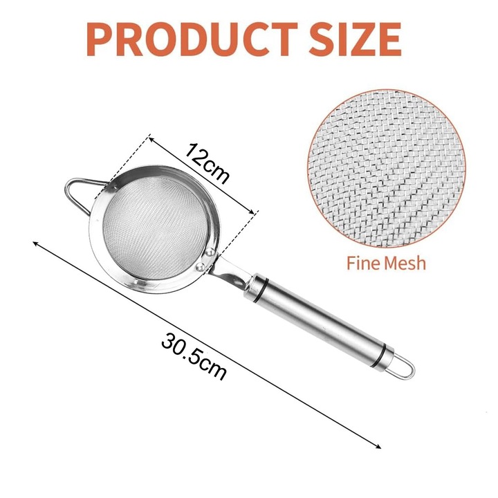 Sita de bucatarie, ZGGZERG, Cu carlig si plasa fina, Maner ergonomic, Design unic, Utilizarea convenabila, Rezistenta de lunga durata, Lavabil si reutilizabil, Pentru Strecurare Lapte Vegetal sau Sucuri de Fructe si Legume, Otel inoxidabil, 12cm, Argintiu