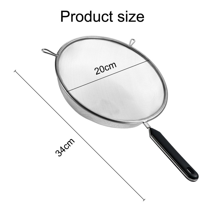 Sita de bucatarie, ZGGZERG, Cu carlig si plasa fina, Maner ergonomic, Design unic, Utilizarea convenabila, Rezistenta de lunga durata, Lavabil si reutilizabil, Pentru Strecurare Lapte Vegetal sau Sucuri de Fructe si Legume, Otel inoxidabil, 20cm, Argintiu