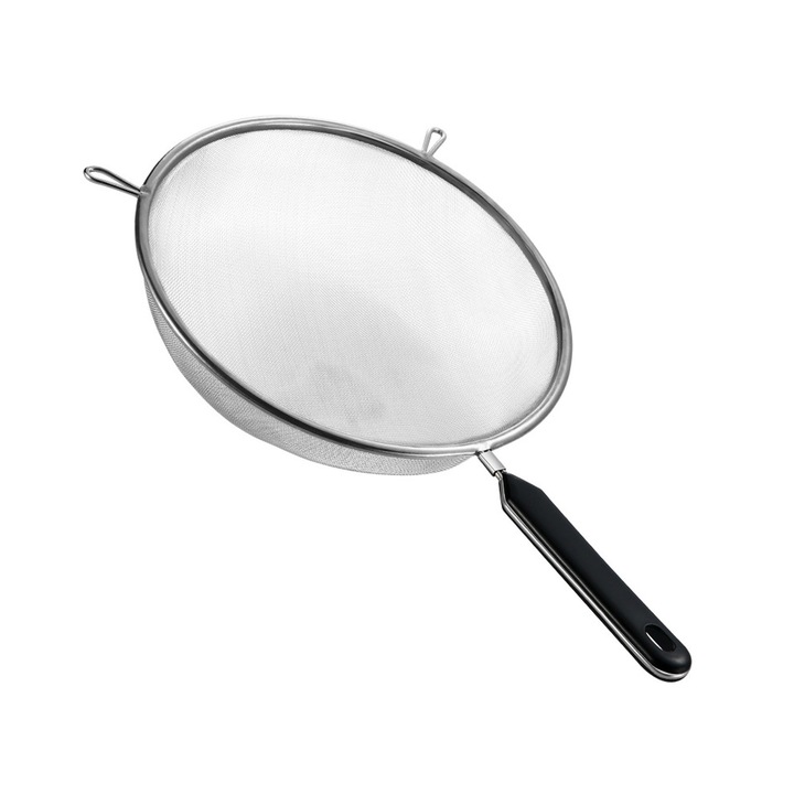 Кухненска цедка, ZGGZERG, С кука и фина мрежа, Ергономична дръжка, За прецеждане на растително мляко или плодови и зеленчукови сокове, Неръждаема стомана, 20 см, Сребрист