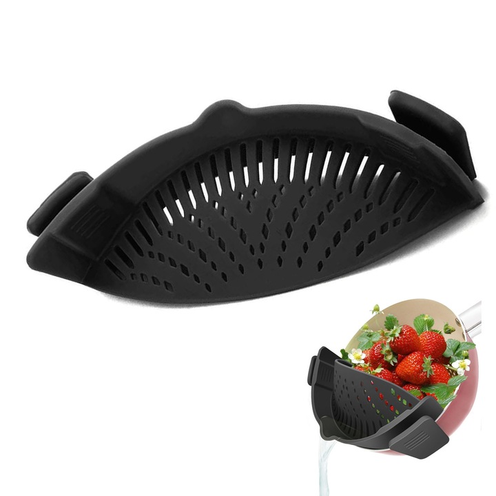 Sita din silicon, ZGGZERG, Strecuratoare ajustabila fara maner, Rezistent la caldura, Design compact, Usor de curatat, Simplu de utilizat, Pentru fructe, Legume si Paste, Silicon, 230*125*67mm, Negru