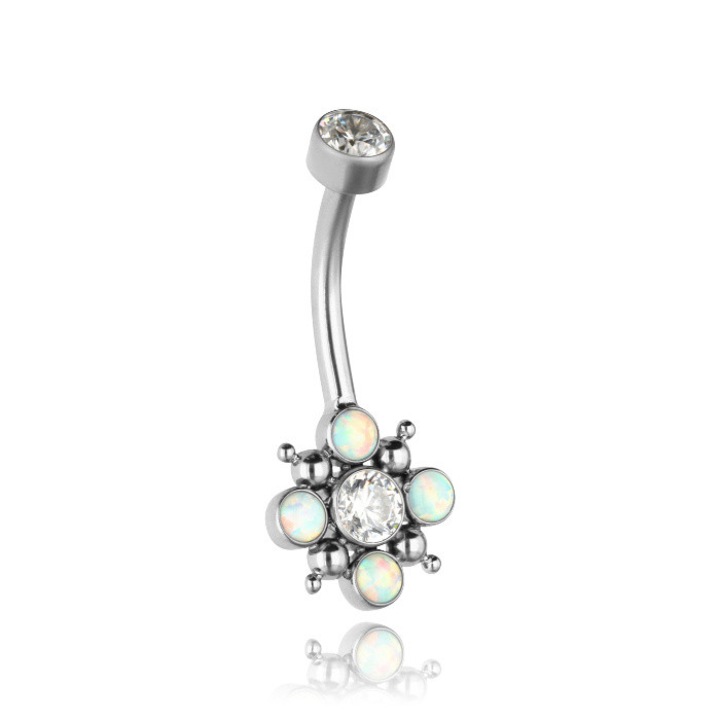 Piercing pentru buric, Crazy Needles, TPP-027 1.6/8, din titan cu zirconiu/opal, argintiu
