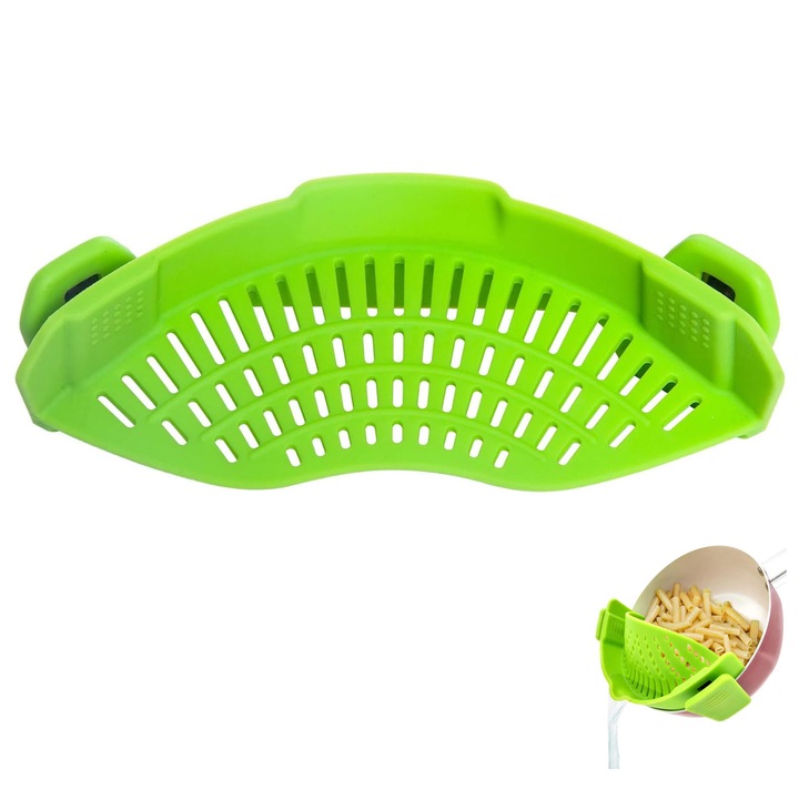 Sita din silicon, ZGGZERG, Strecuratoare ajustabila fara maner, Rezistent la caldura, Design compact, Usor de curatat, Simplu de utilizat, Pentru fructe, Legume si Paste, Silicon, 230*125*67mm, Verde