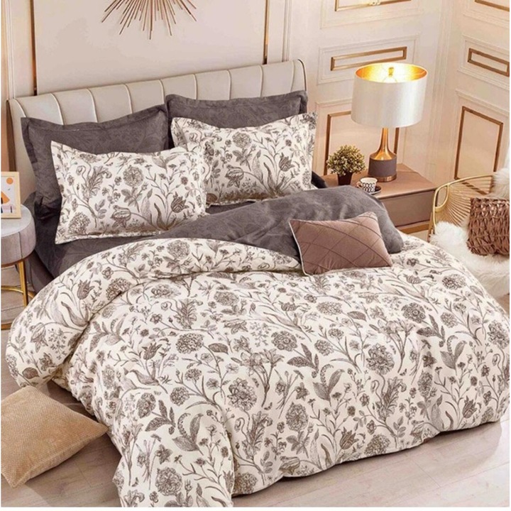 Set lenjerie de pat dublu, 6 piese, cu elastic, bumbac finet, cearceaf de pat 180x200, cearceaf pilota 200x230, fate de perna 70x70 2 pcs, fete de perna 55x80 2 pcs