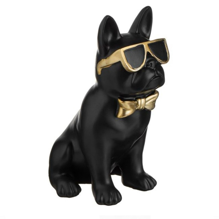 Caine Decorativ Negru cu Ochelari Aurii & Papion 13x20x24.5cm