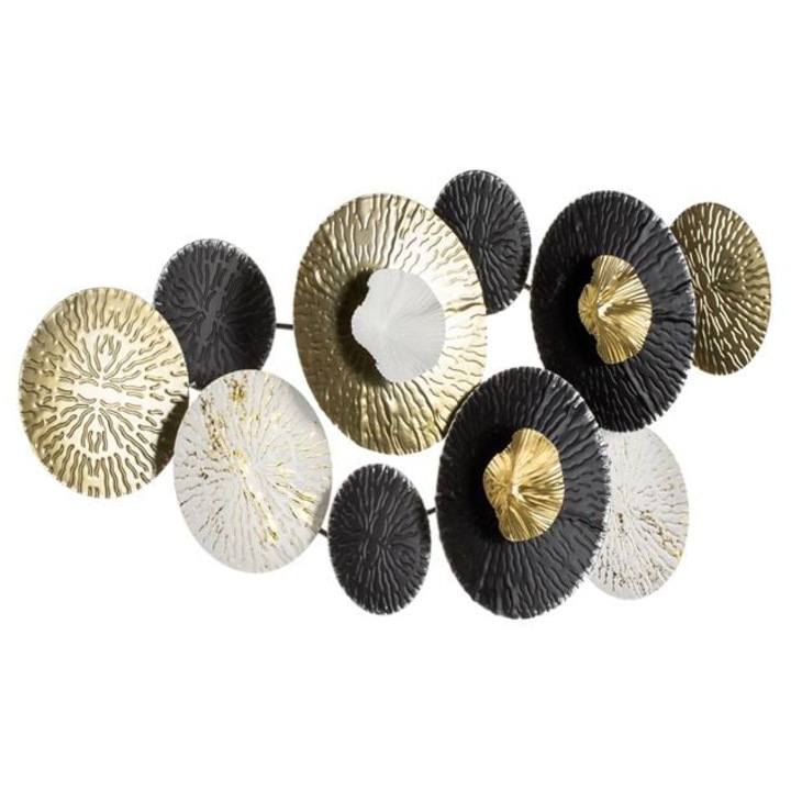 Decoratiune metalica pe perete, cu flori negre, albe si aurii cu detalii brushed dimensiuni 80x36x7cm