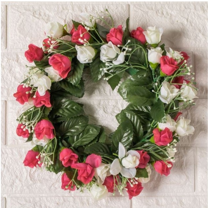 Coronita flori, decorativa de primavara cu trandafiri, plastic, alb/ rosu, Ø27cm