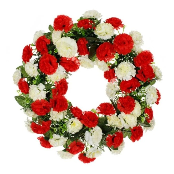 Coronita decorativa de primavara flori, garoafe, plastic, alb/rosu, Ø36cm