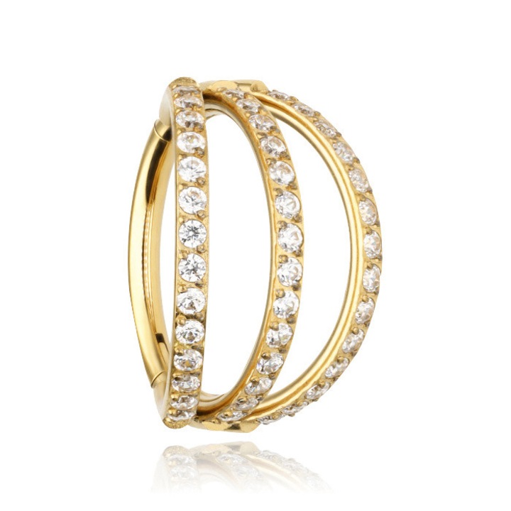 Cercel din titan cu clicker triplu si cristale albe, Crazy Needles, auriu, 1,2x10mm