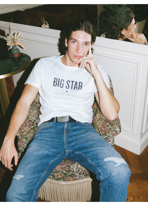 Tricou Big Star, alb, bumbac, croiala clasica, imprimeu original