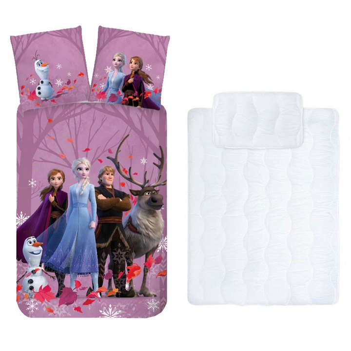 Set lenjerie pat copii Disney Frozen husa plapuma si set plapuma/perna 100x135 cm 40x60 cm (Toamna Mov)