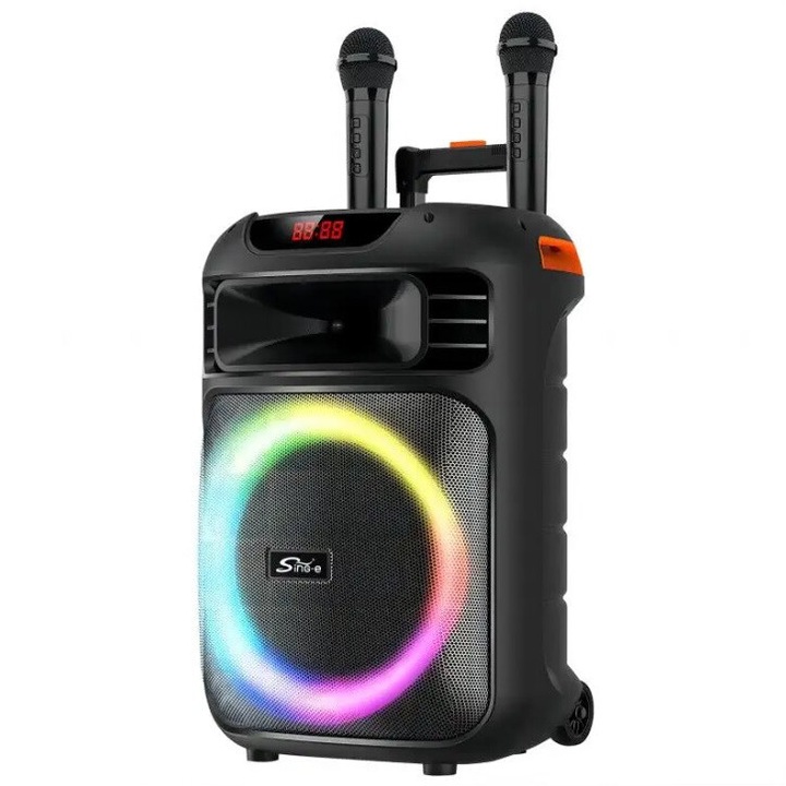 Boxa portabila, Sing-e Smart Pulse de 15 inchi, fara fir, capacitate baterie 6000 mAh, 45 Hz pana la 18 kHz, conectivitate Bluetooth, set de 2 microfoane fara fir, negru