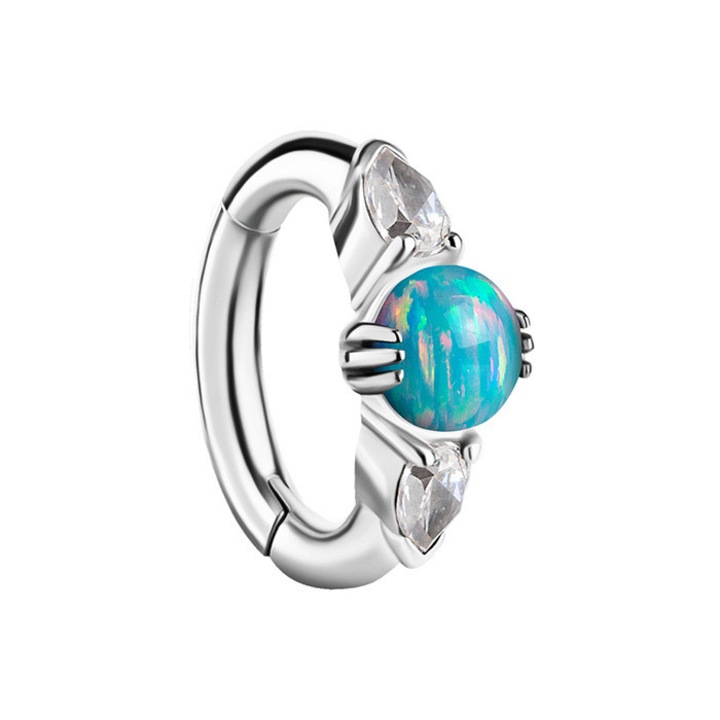 Cercel clicker pentru buric cu opal marin si zirconii albe, Crazy Needles, crom-cobalt, argintiu, 1,6x8mm