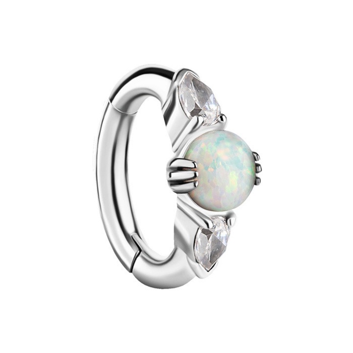 Cercel clicker pentru buric, Crazy Needles, cu opal alb si zirconii albe, crom-cobalt, 1,6x10mm