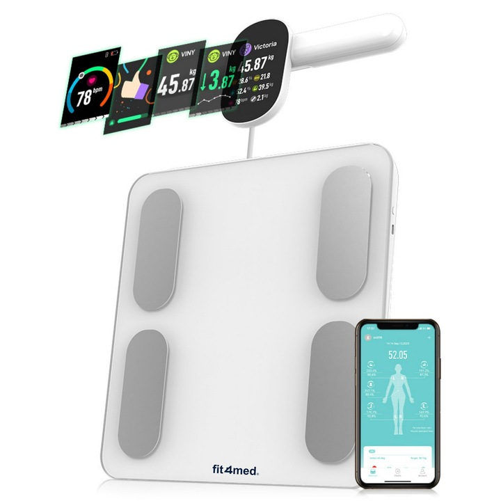 Интелигентен кантар за измерване на състава на тялото, Fit4med, Bluetooth, Анализ на мазнините, Мускули, Вода, Кости, приложение fitdays, Закалено стъкло, Ограничение на теглото 6-180 кг, Бял