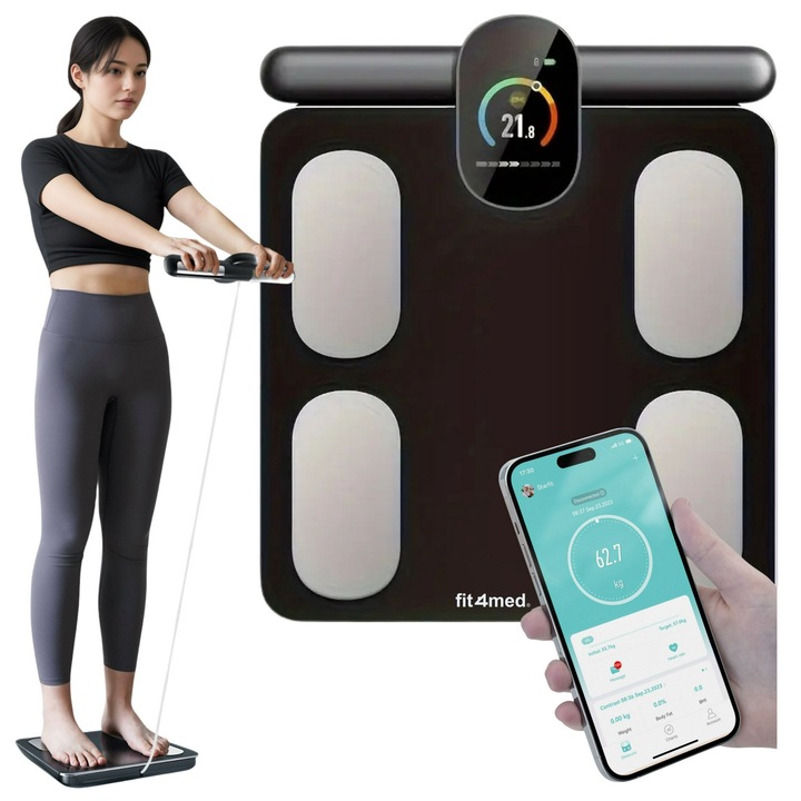 Интелигентна телесна везна, Fit4med, Bluetooth, Анализ на състава на тялото, Измерване на телесните мазнини, Мускули, вода, кости, приложение за fitdays, Закалено стъкло, До 180 кг, За няколко потребители, Черен