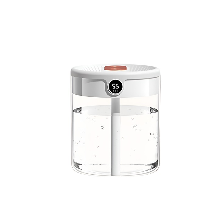 Овлажнител, голям капацитет 2L, USB порт, нощна светлина, дисплей за влажност, мек звук, 131x131x152mm, бял