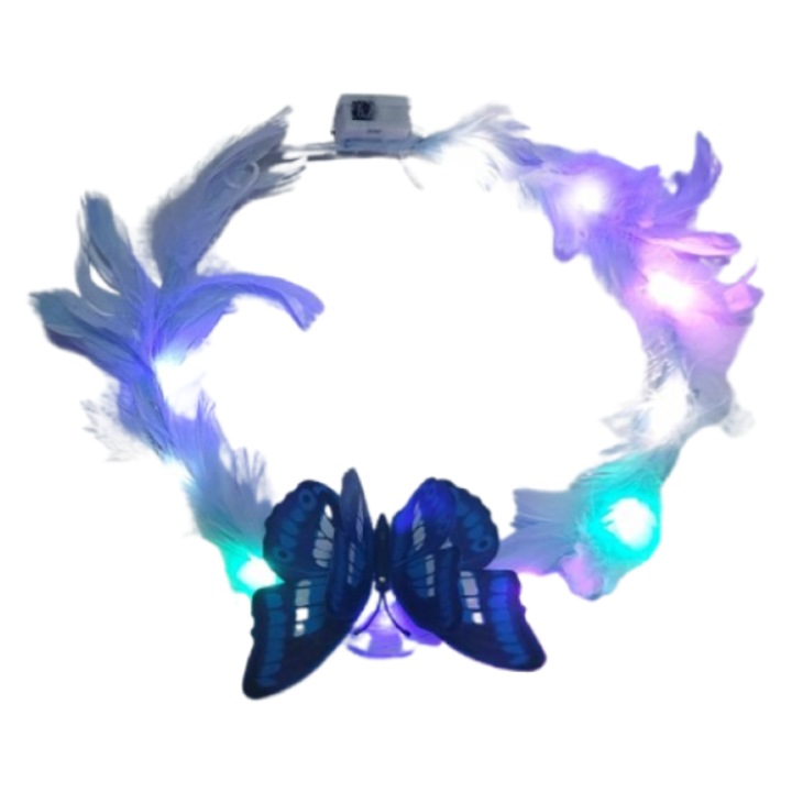 Coroana, aureola, cu fluture 3D, deschisa, pene, albastru deschis, 16 cm