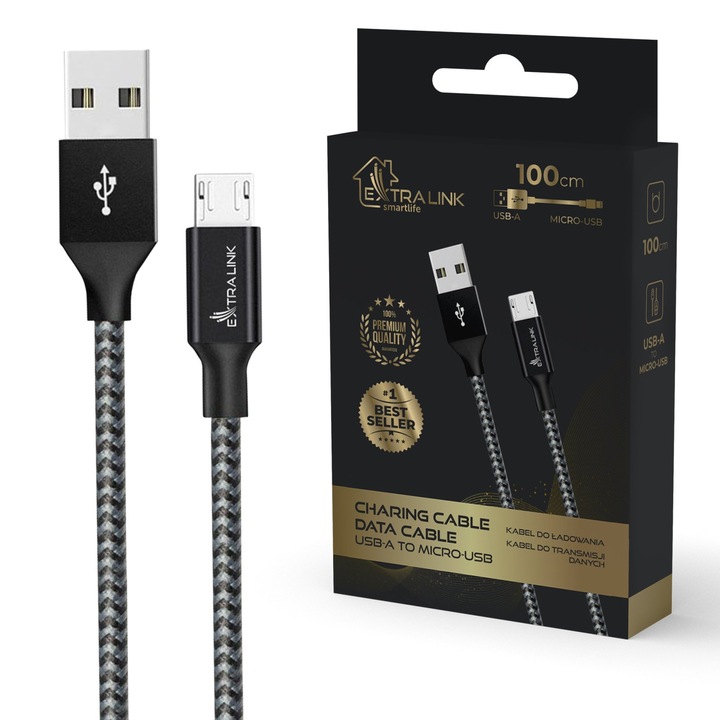 Cablu USB-A Extralink Smart Life, Type-A la Micro-USB, negru, lungime 100 cm, transfer rapid energie si date, rezistent si durabil, compatibil cu dispozitive Android, accesorii si echipamente electronice, ideal pentru incarcare
