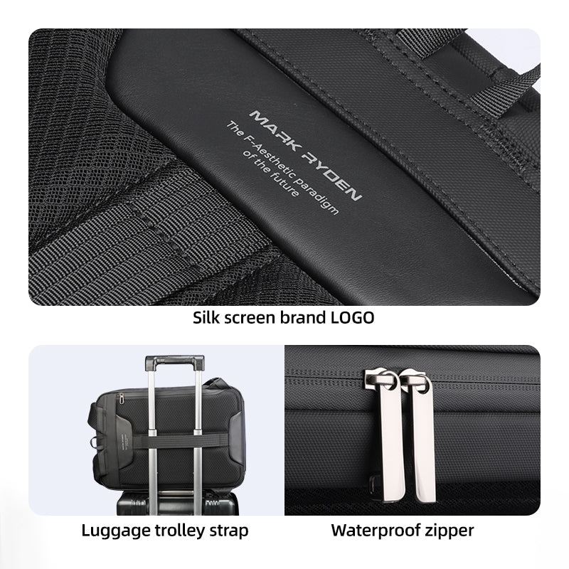 Rucsac antifurt, Mark Ryden, impermeabil, blocare TSA, port USB si micro USB, compatibil cu laptop 17.3 inch si tableta 12.9 inch, material oxford, carcasa dura ABS, fluier integrat in catarama, negru