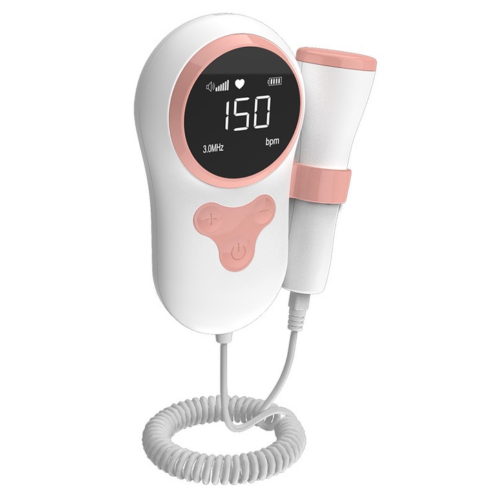 Monitor Fetal Doppler Portabil, Pentru Gravide, Detectare Batai ale Inimii Bebelusului, Display LCD, Fara Radiatii, Practic, Alb/Roz