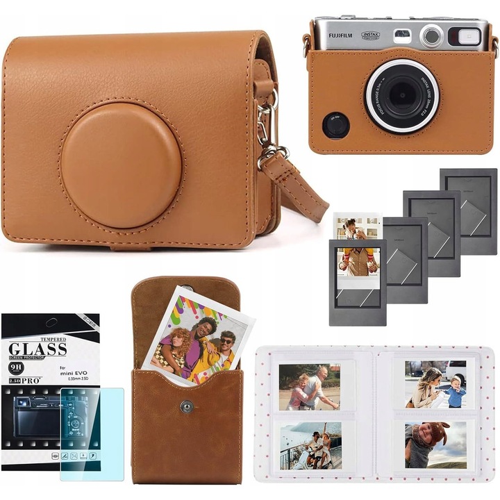 Set Carcasa 5in1 + Sticla + Album 64x + Carcasa Foto + Rame pentru Fuji INSTAX Mini EVO, Maro