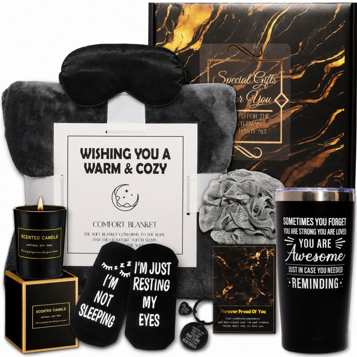 Set cadou pentru barbati, 8 Produse premium, Cadonique®, Patura pufoasa, Cana termos inox, Lumanare parfumata, Masca de somn, Sosete haioase, Burete baie, Breloc, Felicitare, Cutie pachet deosebita, Idei cadouri pentru el, domni, tata, sot, nas, iubit