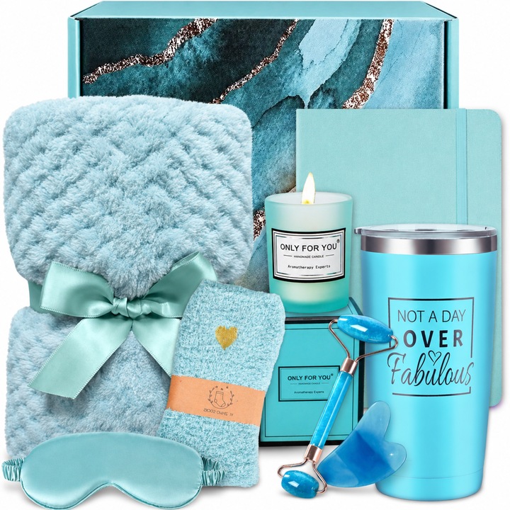 Set cadou pentru femei, 8 Produse premium, Cadonique®, Patura pufoasa, Cana termos inox, Lumanare parfumata, Masca de somn, Sosete fine, Agenda A5, Rola masaj, Gua Sha, Cutie eleganta, Cadouri pt ea, dama, mama, iubita, sotie, iubita, sora