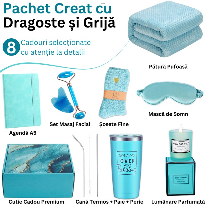 Set cadou pentru femei, 8 Produse premium, Cadonique®, Patura pufoasa, Cana termos inox, Lumanare parfumata, Masca de somn, Sosete fine, Agenda A5, Rola masaj, Gua Sha, Cutie eleganta, Cadouri pt ea, dama, mama, iubita, sotie, iubita, sora