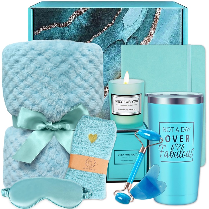 Set cadou pentru femei, 8 Produse premium, Cadonique®, Patura pufoasa, Cana termos din inox, Lumanare parfumata, Masca de somn, Sosete fine, Agenda A5, Rola de masaj, Gua Sha, Ambalate in cutie pachet eleganta, Ideal pentru ea, dame, mama, sotie, fete